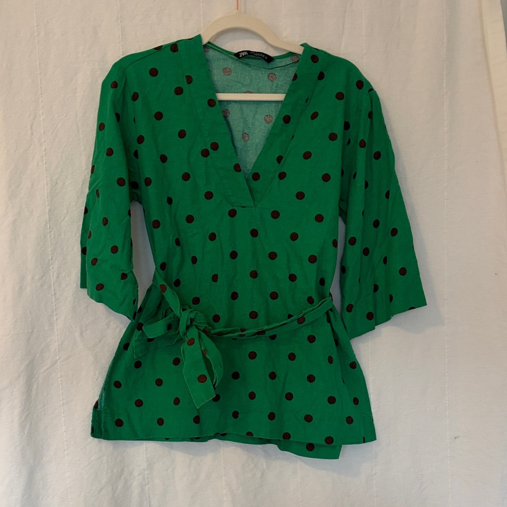 Zara Green Wrap Tunic with Black Polka Dots, M - Picture 2 of 8